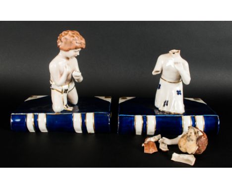 Pair Of Royal Dux Bookends, Cobalt Blue Books Surmounted With Figures, 1 Completely Broken, Model Numbers 3088 & 3087