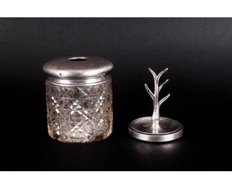 Edward VII Silver Ring Tree, Raised on a Circular Base. Hallmark Birmingham 1904, Height 3 Inches + a Silver Topped Cut Glass
