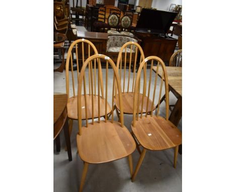 A set of four light Ercol hoop and stick back dining chairs, Gold Label Windsor (365)
Few marks and scuffs, frames seem sound