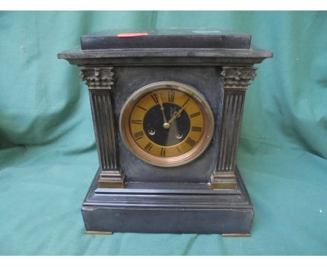 Victorian slate mantel clock with brass face, bevelled glass frontage