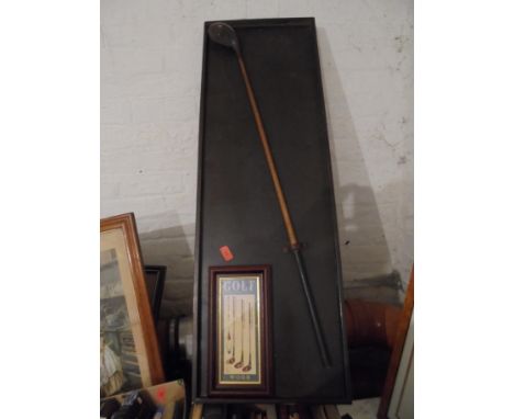 Wall display of vintage golf club on framed board with small print entitled 'Golf Wood'