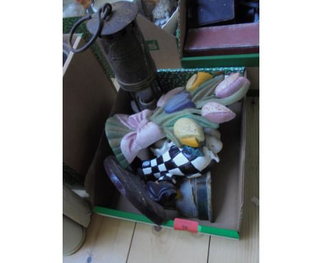 Mixed box of metal ornamental figures (door stops) together with old Miners Lamp Number 120 Morley, Leeds