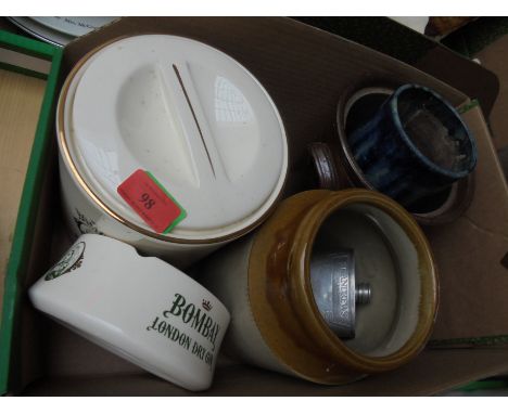 Mixed box of ceramic and stone ware jars and containers, 2 advertising Bombay London Dry Gin, together with a metal hip flask