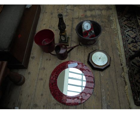 Box of modern miscellaneous being mirror, plant pot, watering can, candle holder and a wall barometer by Comitti of London