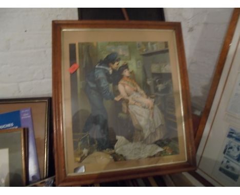 Victorian print of sailor and sleeping girl in chair entitled 'Forty Winks'