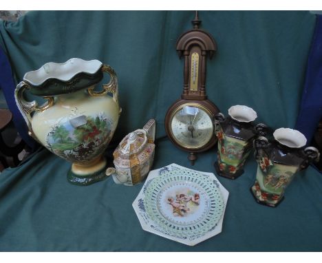 Mixed lot to include large ceramic Victorian flower vase, 2 matching vases, ceramic teapot, Commemorative plate of Queen Vict