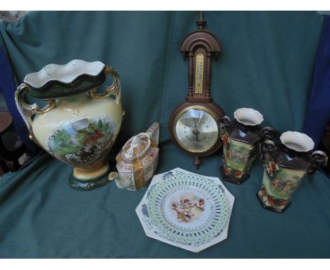 Mixed lot to include large ceramic Victorian flower vase, 2 matching vases, ceramic teapot, Commemorative plate of Queen Vict