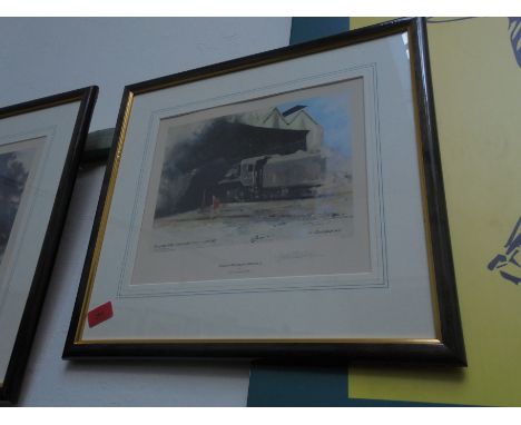Framed, signed print by David Shepherd, 604 of 900, titled 'Guilford Steam Shed no.2'