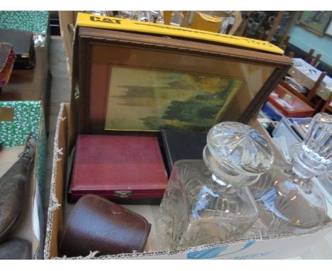 Mixed box of plated cutlery, framed print, drinking cups in leather case and 2 decanters