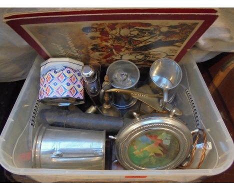 Mixed box of brass ornamental items being aeroplanes, 3 white metal tankards, old electric clock, vintage spectacles, hip fla