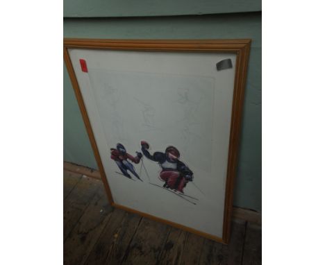 Unusual modern print of skiing on white background in light frame