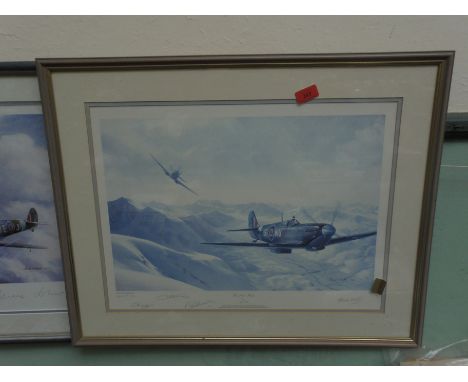 Framed print being a limited signed edition, 70 of 100, by Alan S. Holt showing a spitfire under attack