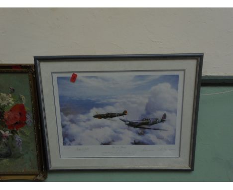 Limited signed print in frame, Alan S. Holt, 6 of 300, entitled 'Foes now Friends' with German and British fighter aircraft