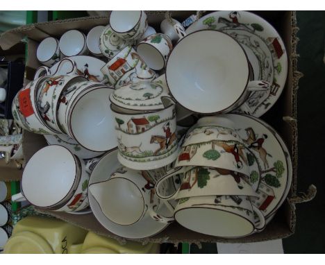 Large selection of Staffordshire china cups, saucers, bowls, tea cups and others with fox hunting scene