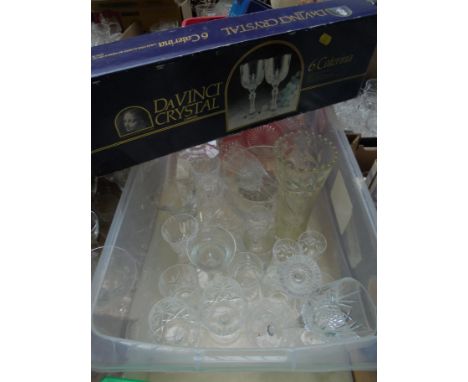 Crate containing a variety of cut glass wine glasses and others, vase decanter, bowls and boxed set of crystal wine glasses