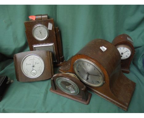 Westminster chime in poor condition together with small Edwardian mantel clock and 2x oak barometers 