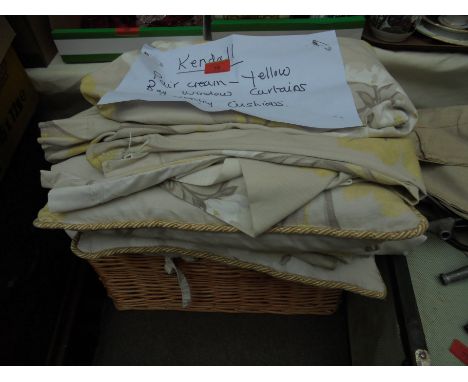 Pair of cream and yellow bay window curtains with 2 matching cushions