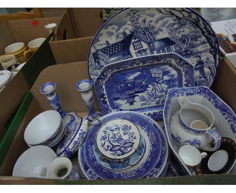 Large box of blue and white ceramic ware to include large wall plaque, meat platter, Spode flower vase, candle sticks, plates