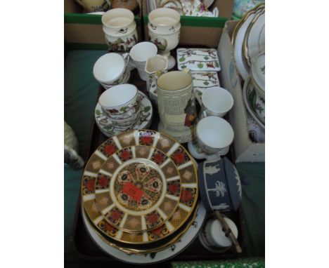 Mixed lot of ceramics including hunting scene Staffordshire cups and saucers and containers with dinner plates, additional Ro