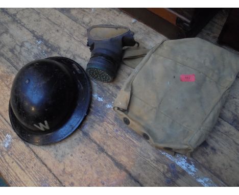 Second World War metal wardens helmet, gas mask and khaki bag