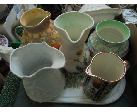 Selection of 5 jugs, some with handles to include flower jug by Shelley, fruit handled jug by Charlotte Rhead