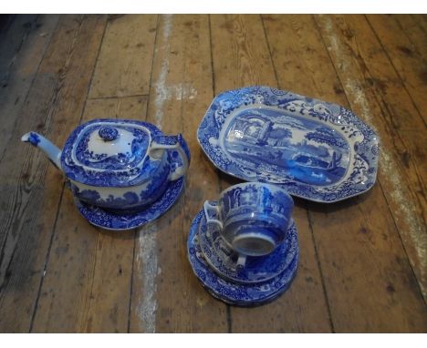 Box containing a number of old Spode ceramic items including teapot, cups, saucers, meat dish and side plates