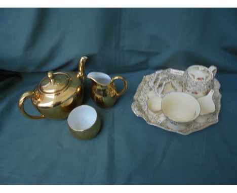 Petite Royal Winton tea set comprising tray, teapot, sugar, cream and 1 cup plus gold lustre teapot, sugar bowl and cream