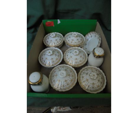 6 matching lidded dishes and an open dish all by Spode, together with pepper pot marked Royal Crown Derby