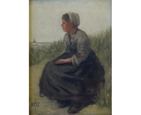 •CONSTANT ARTZ (Dutch 1870 - 1950) WAITING FOR THE FISHING BOATS Oil on panel, signed, 22 x 16cm (8 1/2 x 6 1/4")
