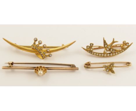 A collection of vintage brooches to include a 15ct gold crescent moon and pearl set crown brooch length 50mm, a bright yellow