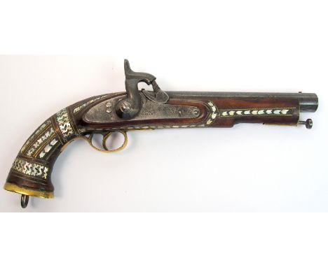 A 19th Century Enfield percussion pistol the octagonal steel barrel with V and copper dot end sight, the steel lockplate impr