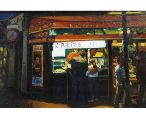 •JOSEPH MCINTYRE (Scottish b. 1940) STUDY FOR CREPES KIOSK, BASTILLE, PARIS Oil on canvas laid on panel, signed, 13.5 x 21.5c