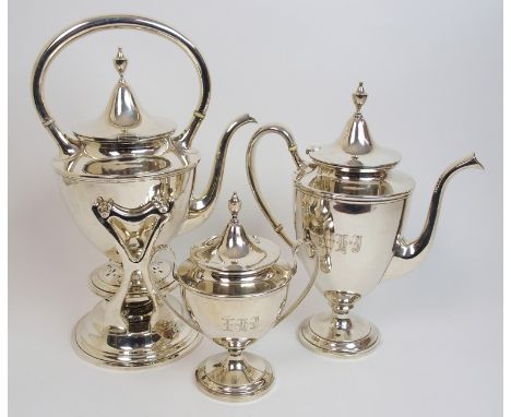 An American three piece Sterling silver coffee service by Shreve & Co., San Francisco, of tapering baluster form with looping