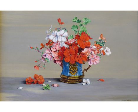 •LAURENCE BIDDLE (British 1888 - 1968) GERANIUMS IN A BLUE LUSTRE JUG Oil on panel, signed and dated (19)39-40, 34 x 52cm (13