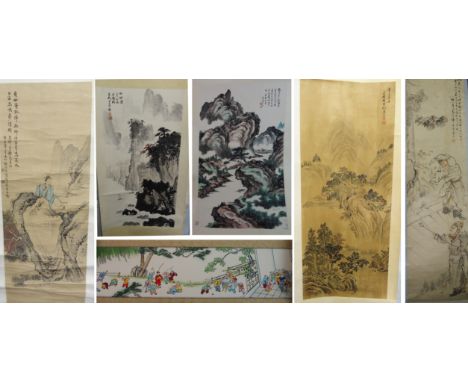 Six Chinese scroll paintings comprising; figures playing, landscapes, musician and panorama (6)