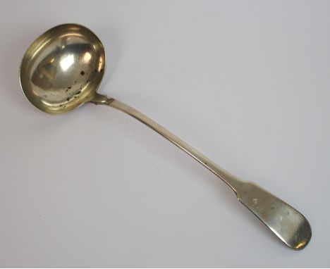 A silver soup ladle by Andrew Wilkie, Edinburgh 1828, fiddle pattern with blank terminal, 33cm long, 7.7oz