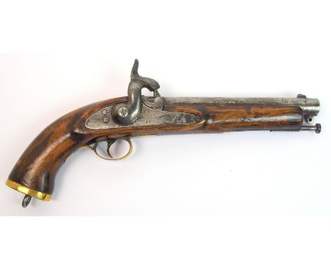 A 19th Century Enfield Percussion pistol plain circular steel barrel, steel lockplate, faintly engraved 1870?, barrel stamped