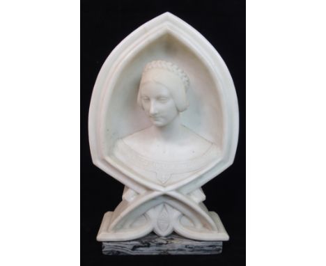 A French white marble sculptural arch with portrait perhaps of Mary Of Guise, within a recessed niche and above lancet arch, 