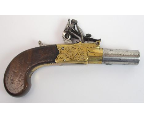 An 18th Century Flintlock pocket pistol brass breech with engraved decoration, steel screw off barrel, 42mm long, concealed f