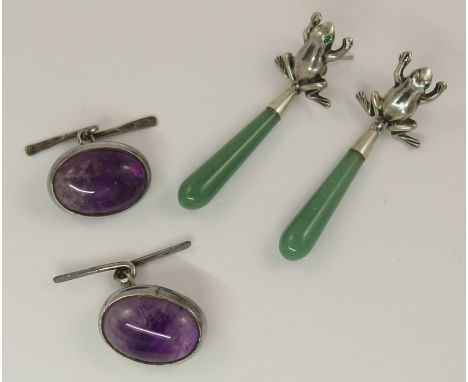 A pair of white metal frog earrings with green hardstone pendant drops, length 52mm and a pair of silver amethyst cufflinks s