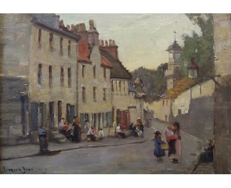 PATRICK DOWNIE RSW (Scottish 1854 - 1945) CASTLE STREET AND TOLBOOTH Oil on panel, signed, 25 x 35cm (10 x 13 3/4") Inscribed