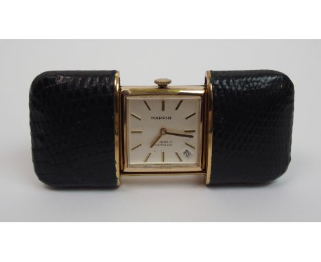 A vintage Mappin Purse Travel Clock with Swiss 17-jewels Incabloc movement, square dial and date aperture, in leather-covered