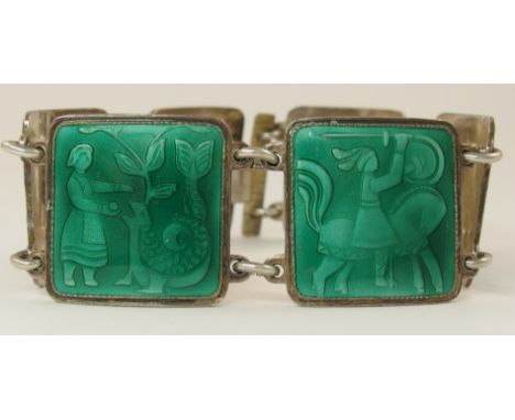 A silver David Andersen bracelet with six green enamel panels of ladies with mythical beasts and warriors on horseback, each 
