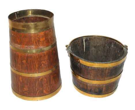 An oak and brass bound staved bucket with swing handle, 26cm high and an oak and brass bound stick stand, 45cm high (2)