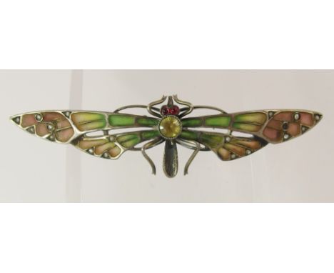 A French silver plique a jour enamel dragonfly brooch with pearl set wings, with gem set eyes and body, the reverse stamped D