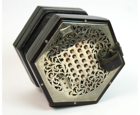 A Victorian Wheatstone forty-eight button concertina with hexagonal pierced steel grill, No. 31855, stamped C. Wheatstone & C