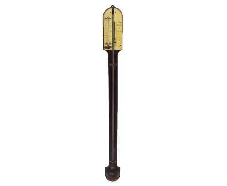 A Victorian rosewood stick barometer and thermometer with engraved ivory dial, 89cm high