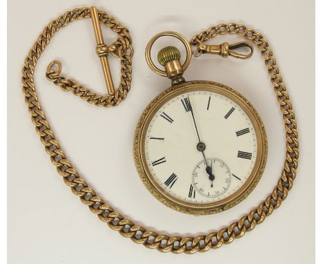 A 9ct open-face pocket watch with white enamel dial, black Roman numerals, subsidiary seconds dial and blued steel hands, wit