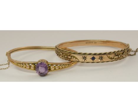 Two 9ct vintage bangles one with rope and granulation work decoration and further set with rose cut diamonds and a blue gem, 