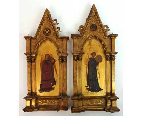 Two 19th Century Florentine giltwood painted Ecclesiastical niche's in renaissance style the alter shape panels painted with 
